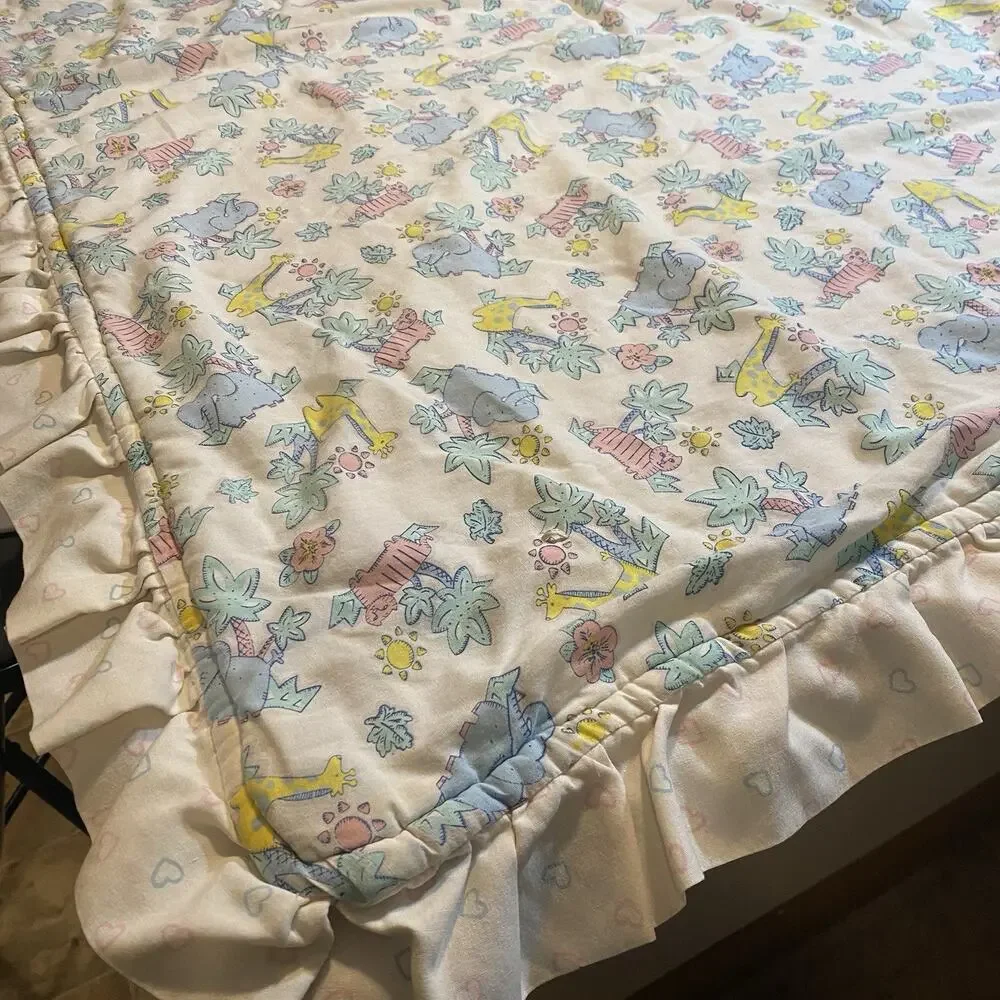Vintage Novelty Crib Baby Coverlet Safari Jungle Animals Quilt Blanket 43”x33”